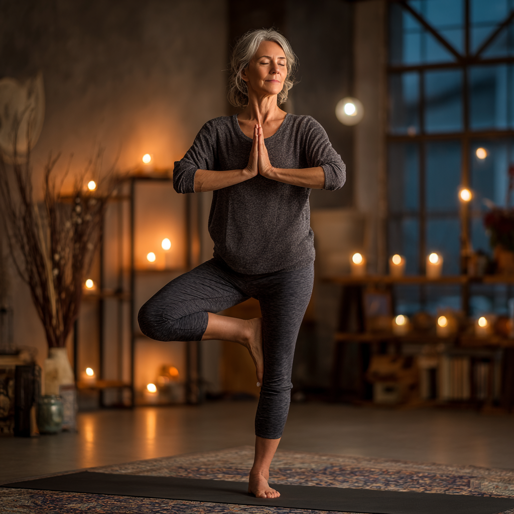 Жінка 55 років виконує позу дерева на йога-маті в затишній студії з теплим освітленням