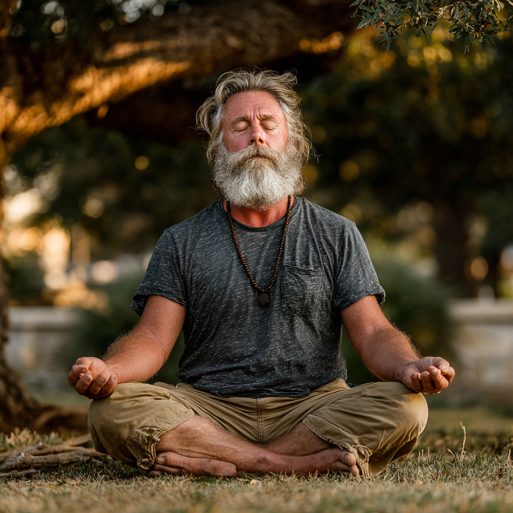 Чоловік 58 років сидить в позі лотоса на природі під деревом, закривши очі в медитації