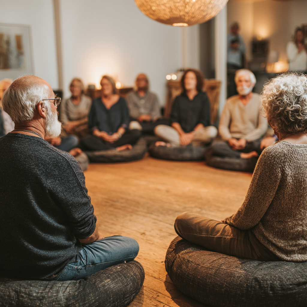 Група людей віком 50-60 років сидить в колі на подушках для медитації в затишній кімнаті з м'яким світлом